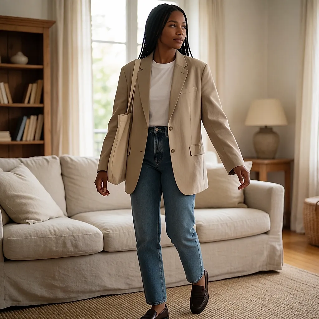 Blazer beige porté avec jean, sac et mocassins personnels, essayage à la maison