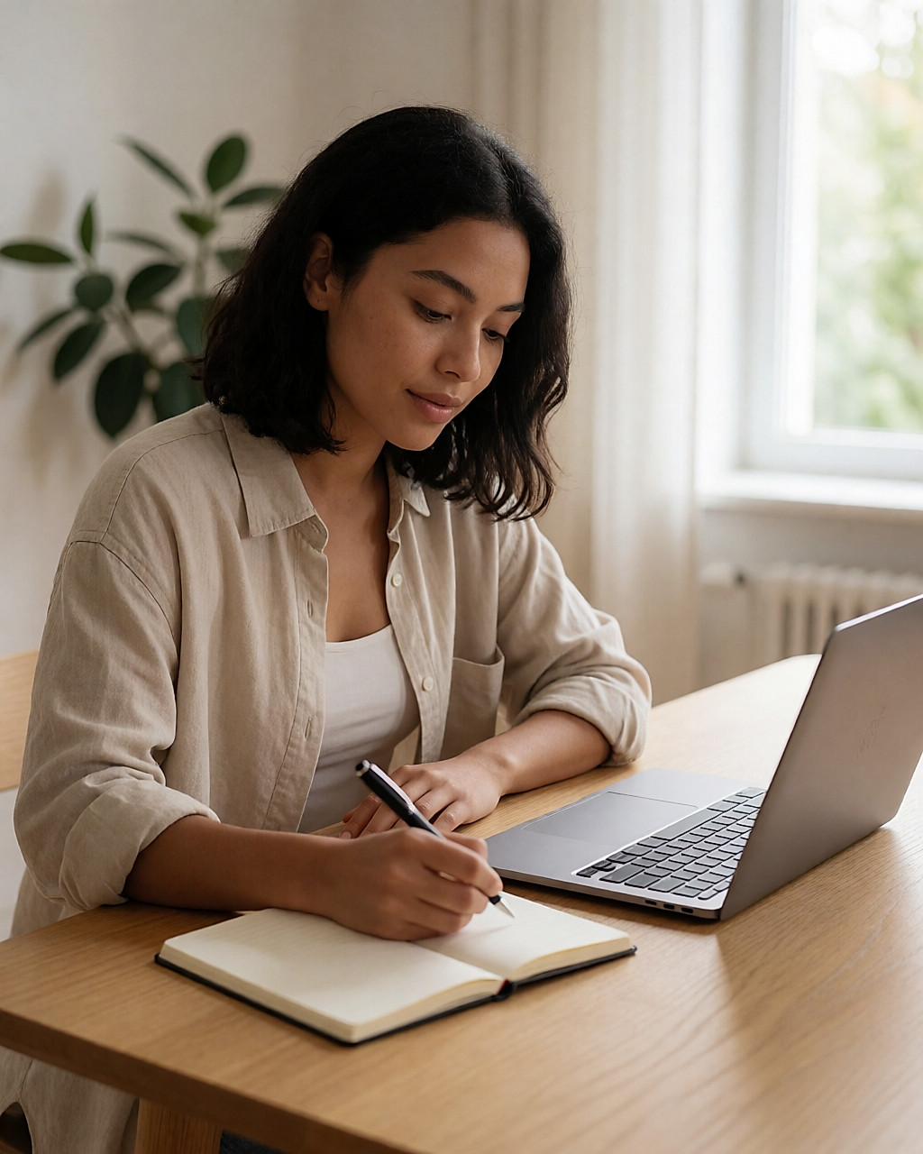 Jeune femme prenant des notes devant une formation en ligne, chez elle