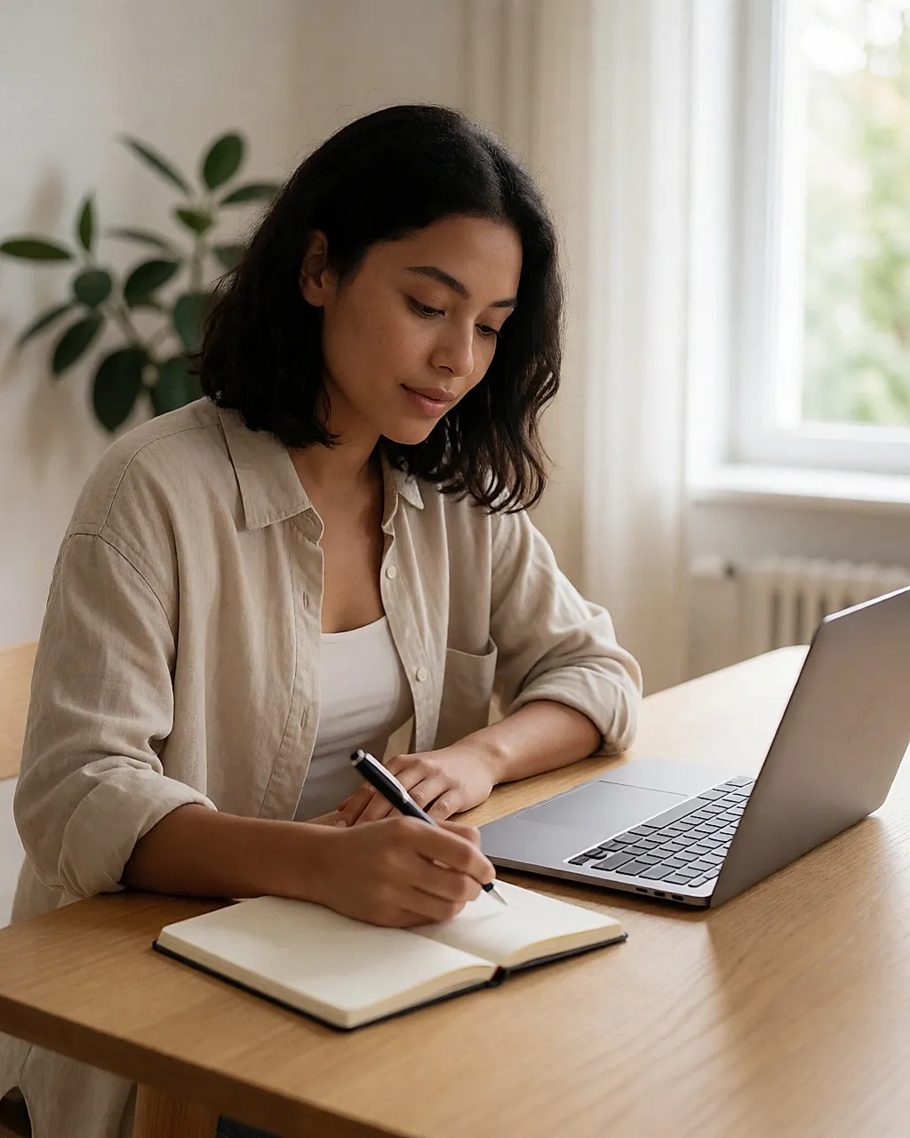 Junge Frau macht sich bei einer Online-Schulung zu Hause Notizen