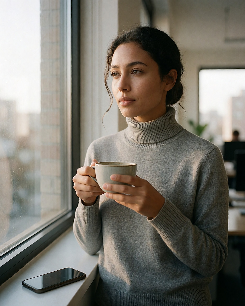 Pause café près de la fenêtre, téléphone posé face contre l'appui
