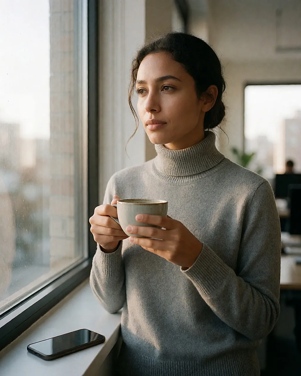 Kaffeepause am Fenster, das Telefon mit dem Display nach unten auf die Fensterbank gelegt