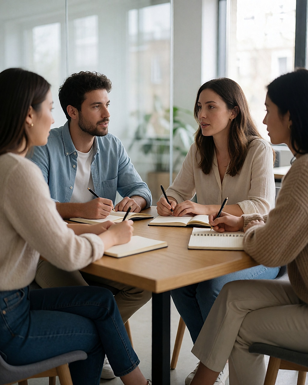 Petite réunion d'équipe autour d'une table claire dans un bureau lumineux