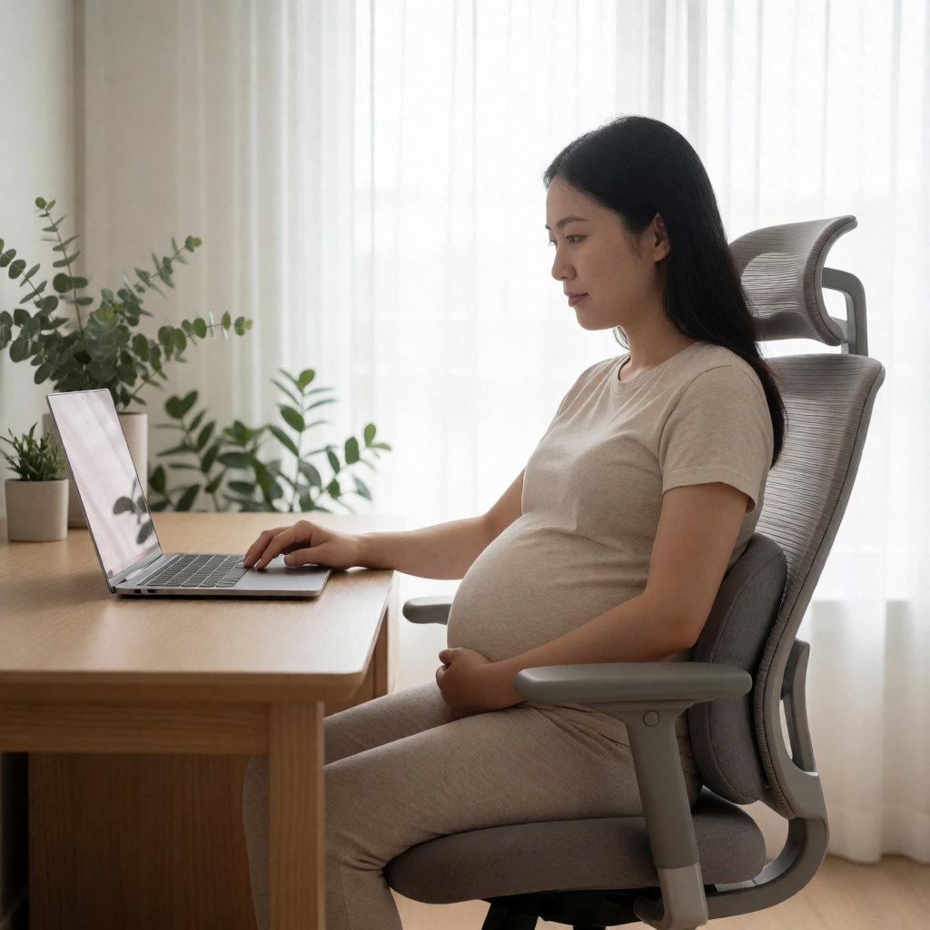 Jeune femme enceinte asiatique en télétravail, assise dans un fauteuil ergonomique près d'une fenêtre