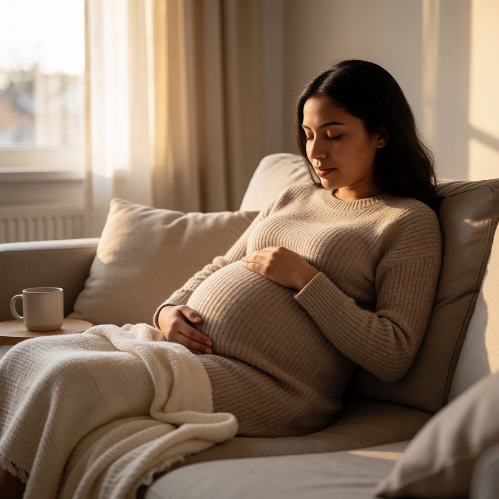 Jeune femme enceinte sud-américaine se repose chez elle sur un canapé, lumière chaude