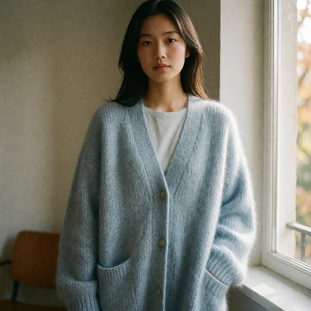 一位东亚女性穿着雾霾蓝色的宽松针织开衫,靠近窗边站立,柔和的秋光洒在身上,色调沉静