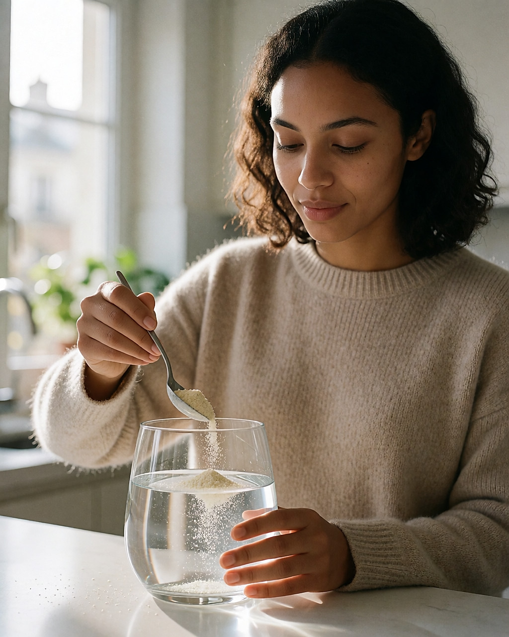Jeune femme métissée remuant une poudre blonde dans un grand verre d'eau à son plan de travail
