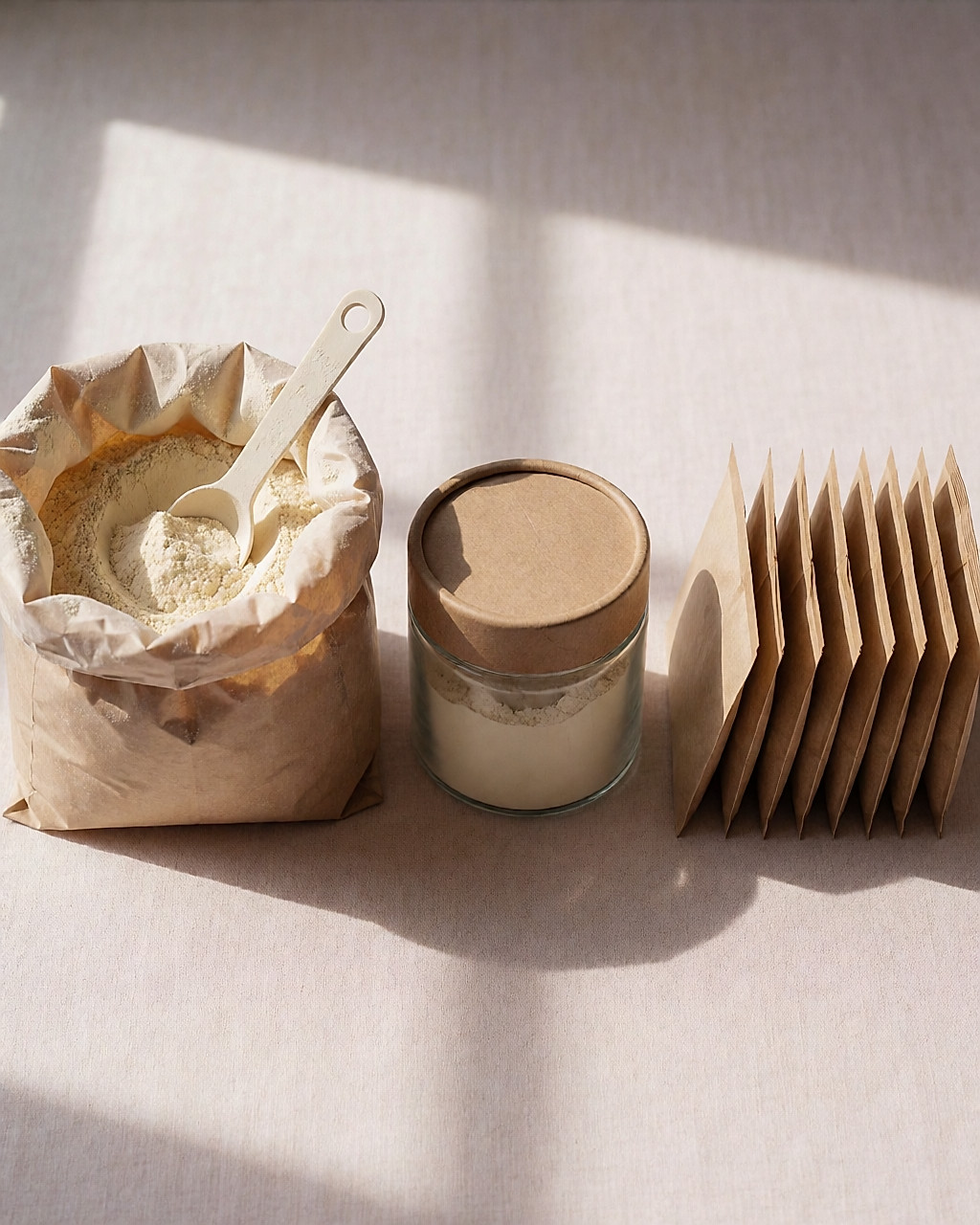 Trois formats de fibres comparés : sachet kraft en vrac, pot de verre et doses individuelles