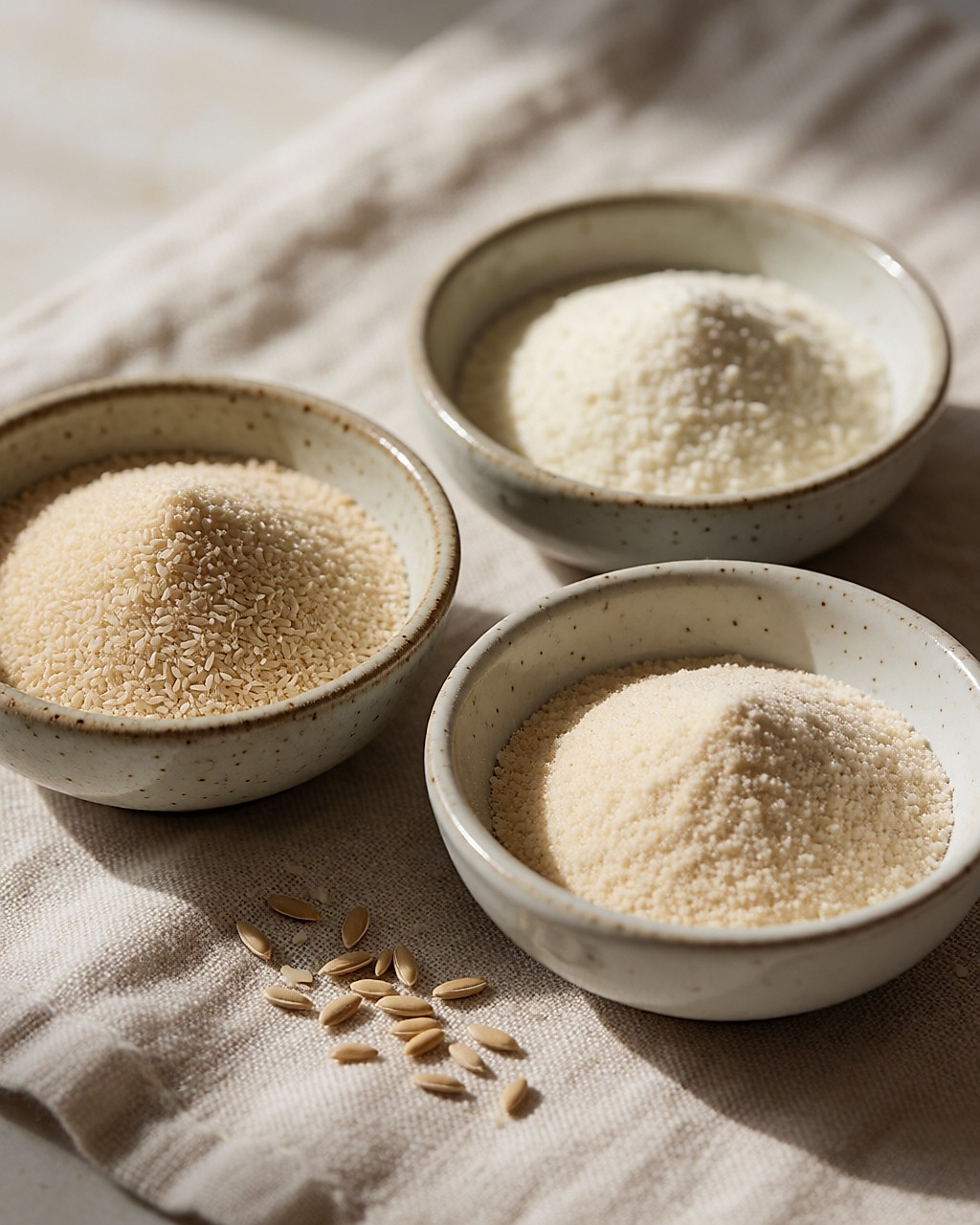 Trois coupelles de poudres de fibres : psyllium blond, inuline claire et gomme d'acacia