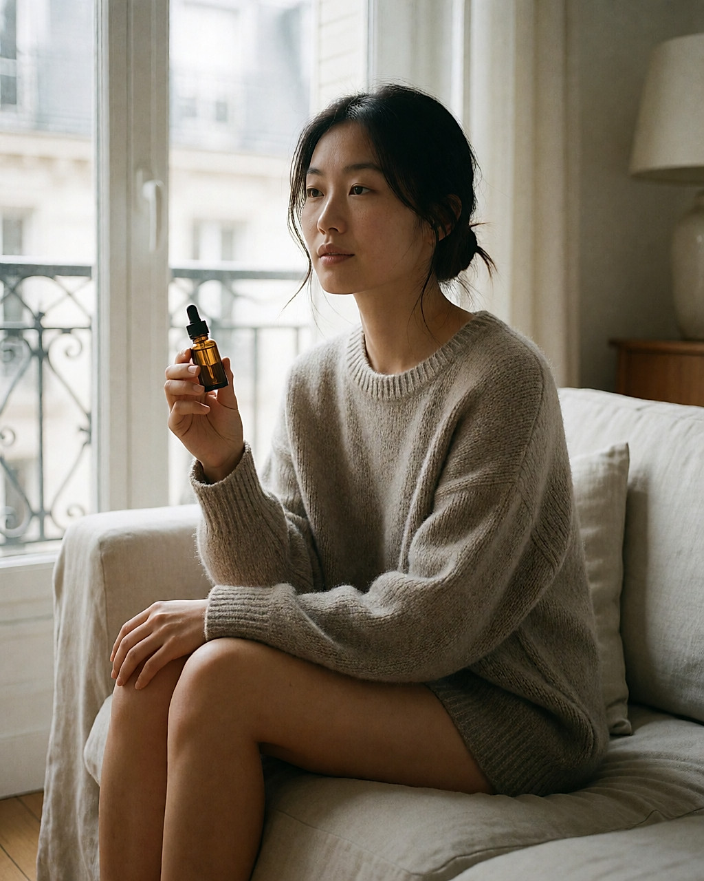 Jeune femme assise près d'une fenêtre, un petit flacon ambré dans la main, expression calme.