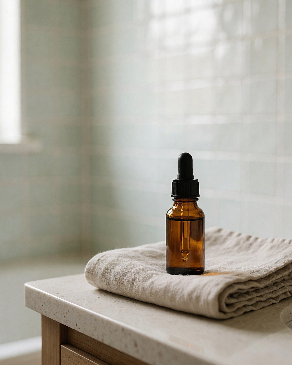 Petit flacon d'élixir en verre ambré posé sur une serviette en lin dans une salle de bain claire.