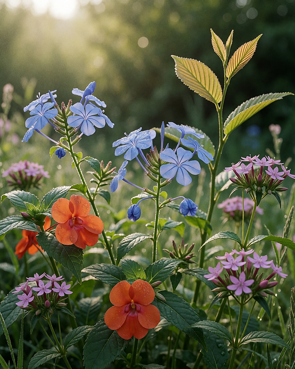 Fleurs sauvages — plumbago, impatiens, centaurée — éclairées par le soleil du matin dans un jardin.