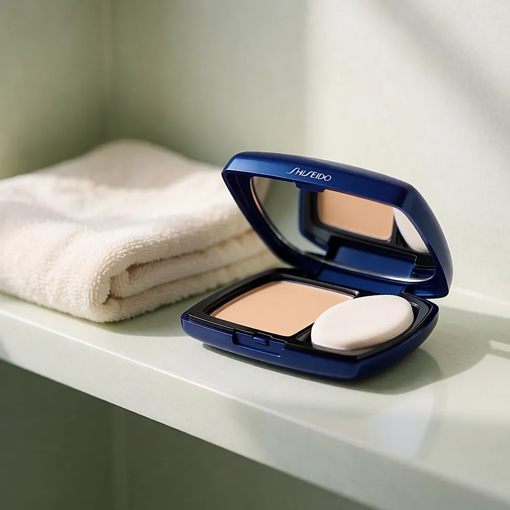 Le compact teinté matifiant Pureness de Shiseido, son éponge et son miroir