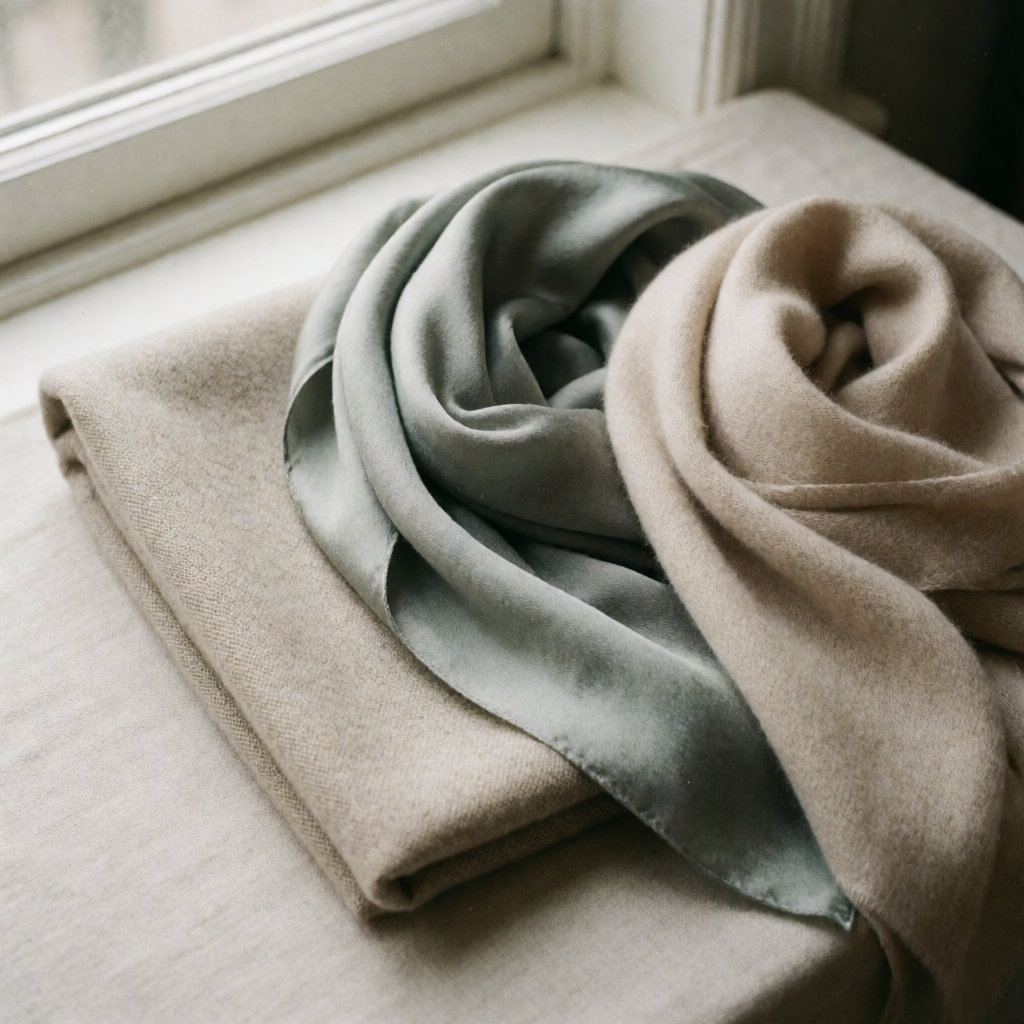 Three folded scarf squares — matte wool, silk-wool and recycled cashmere — by a window in natural light