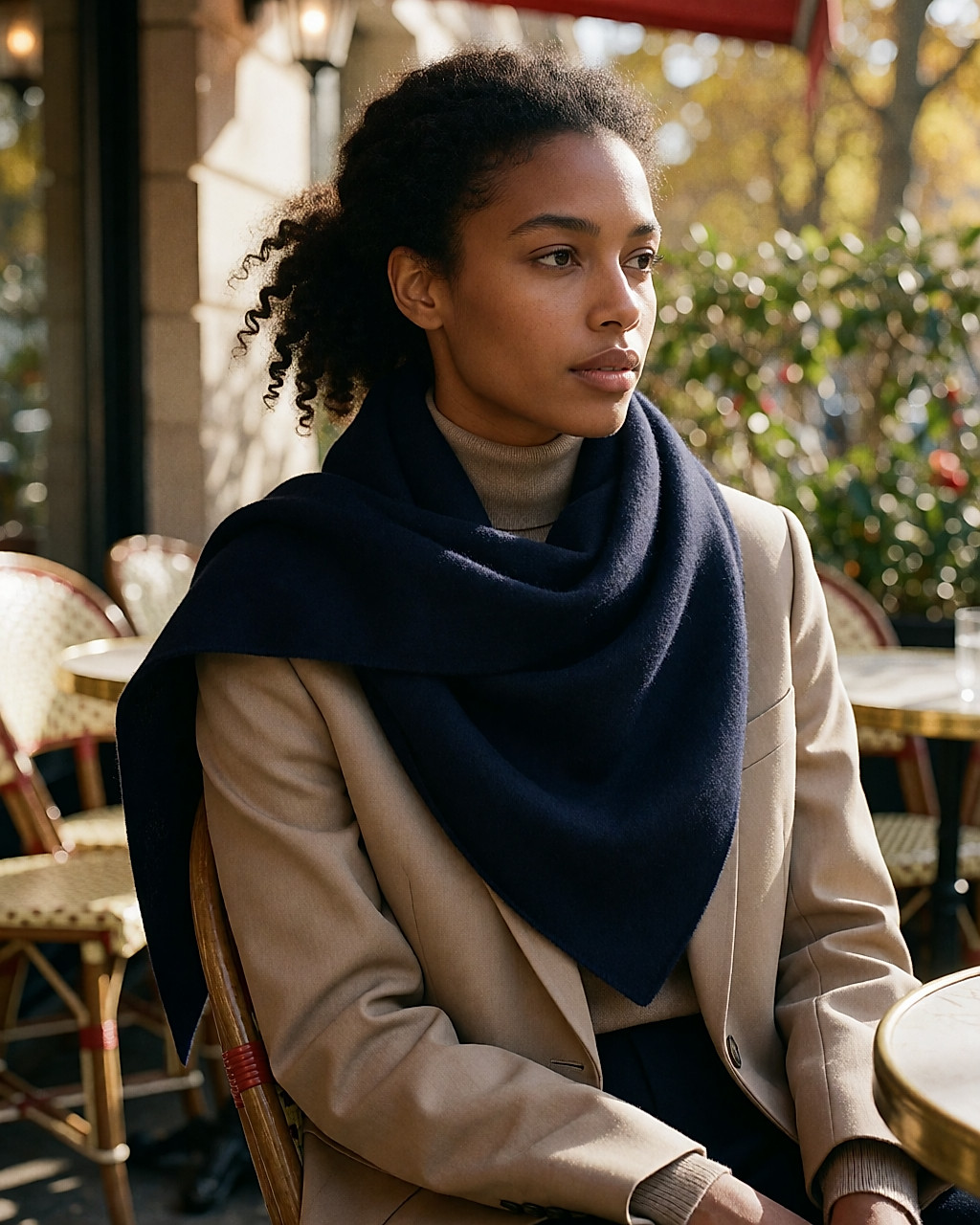 Navy wool square draped over a beige blazer on a cafe terrace, autumn light