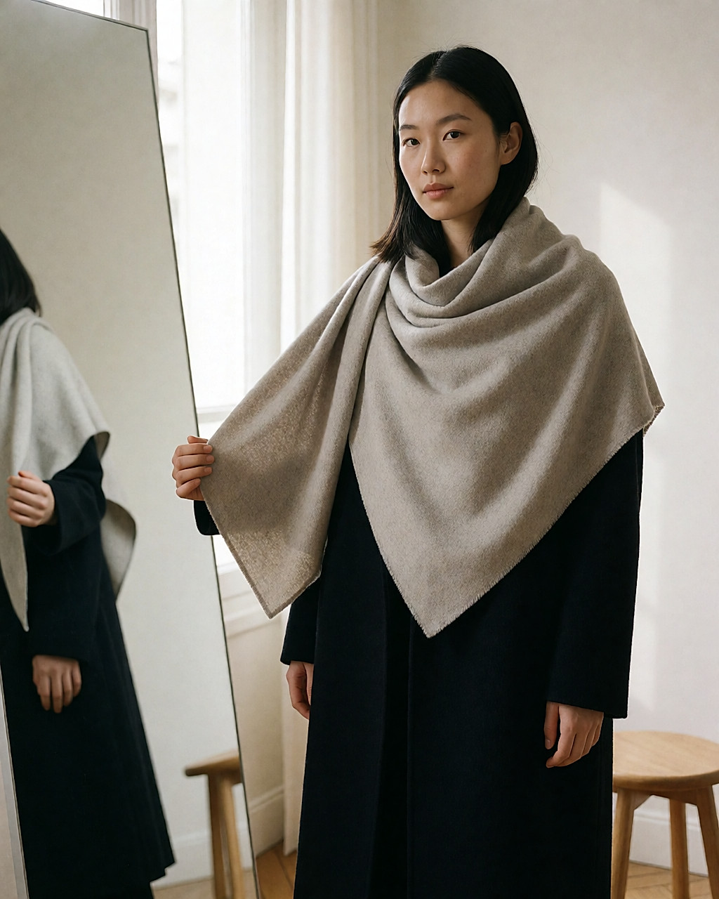 Large wool-silk square worn as a shawl over a straight coat, in a bright dressing room