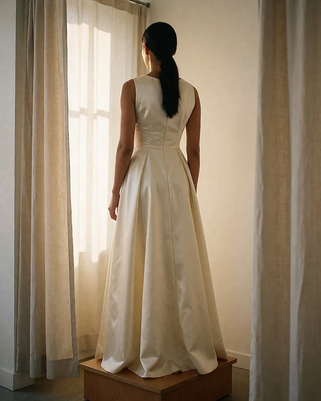 Vestido largo satinado probado de espaldas en el probador, la tela cayendo hasta el suelo