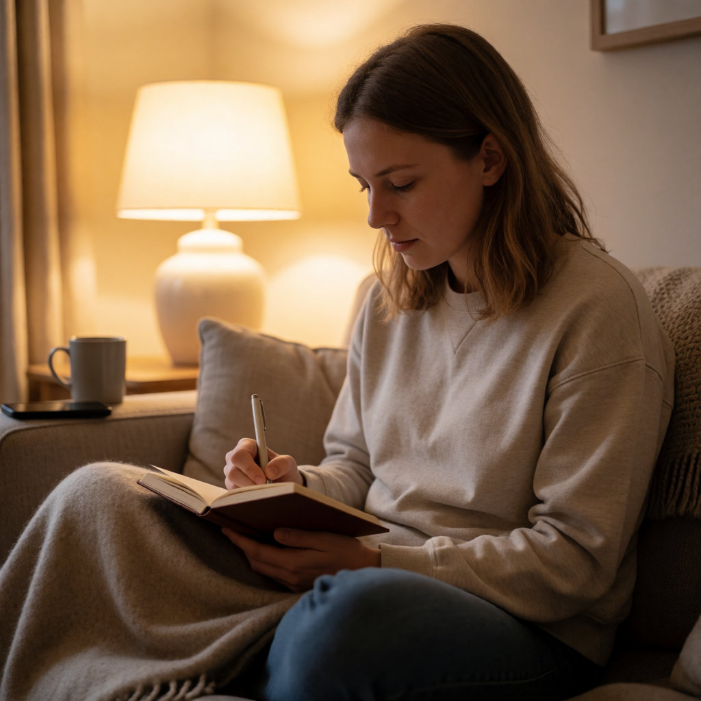 Femme assise sur un canapé le soir, notant l'heure et la sensation de sa fringale dans un petit carnet