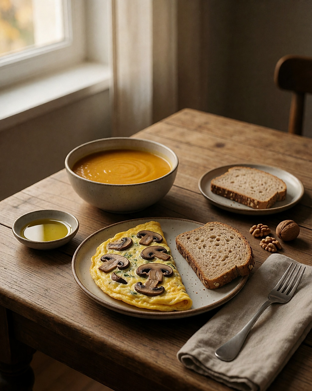 Soupe de courge, omelette aux champignons et pain complet sur une table en bois