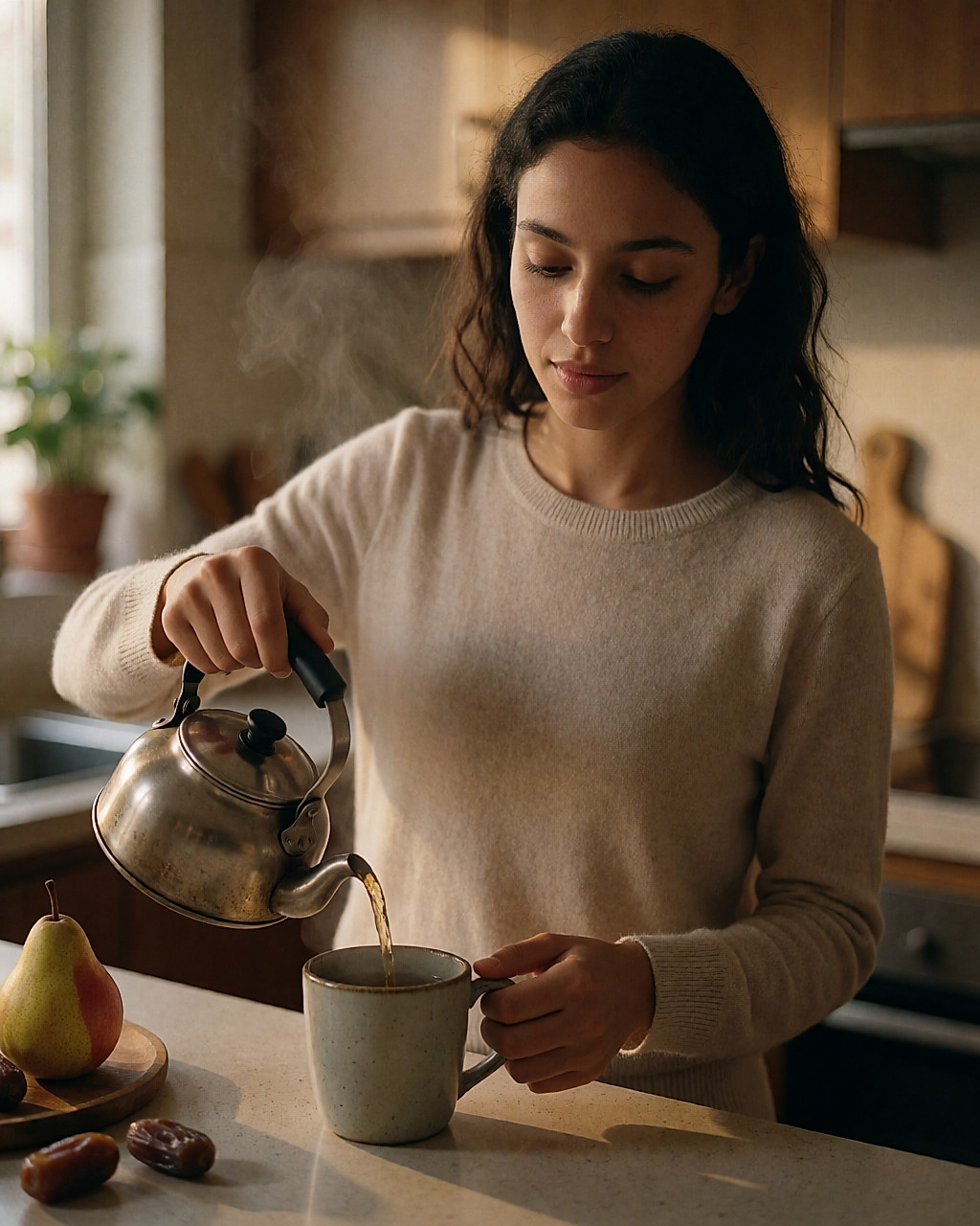 Jeune femme versant une tisane chaude dans une cuisine le soir