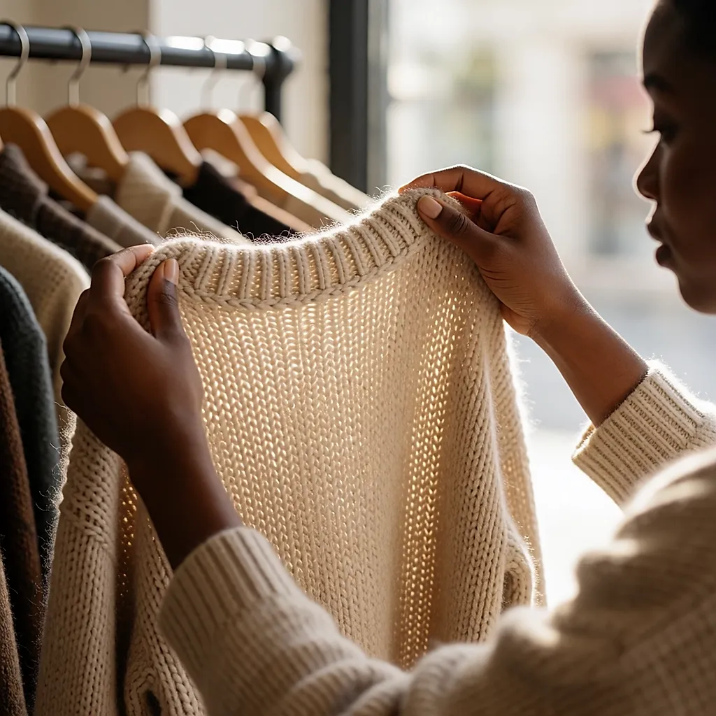 Mains jugeant la densité d'une maille de laine tenue à contre-jour