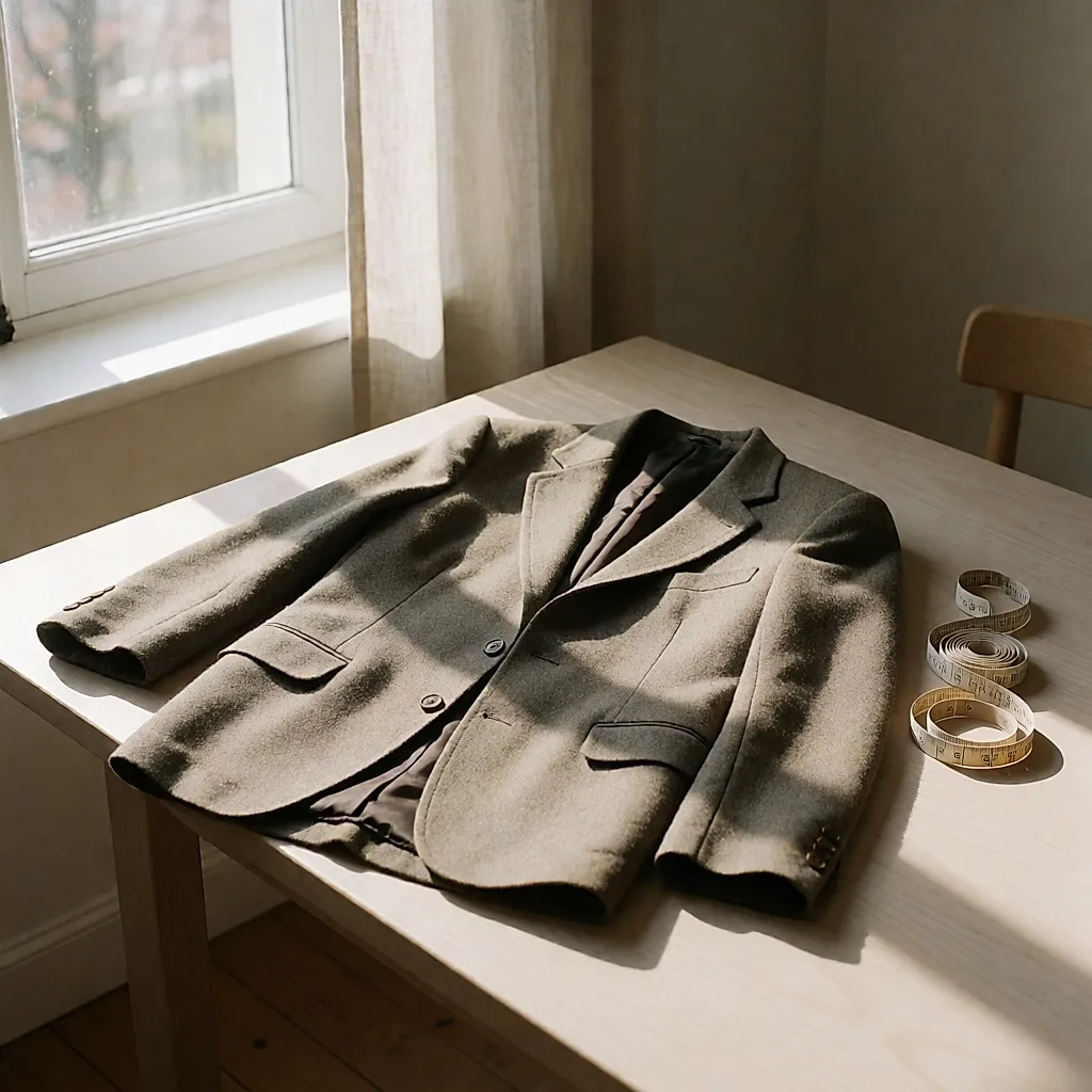 Veste de laine retournée posée sur une table, coutures et ourlets visibles