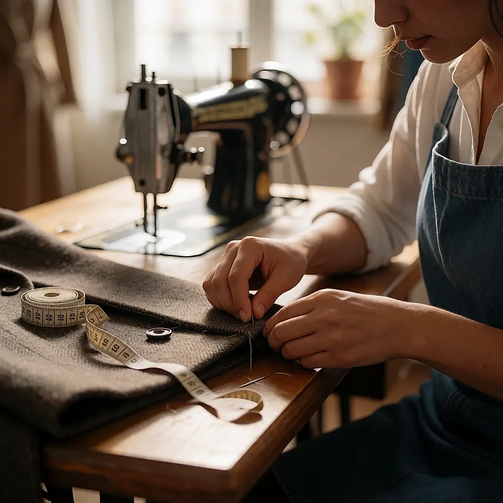 Ourlet d'un manteau de seconde main épinglé sur une table de retouche