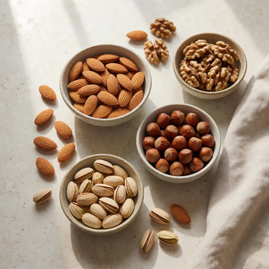 Bowls of unsalted almonds, walnuts, hazelnuts and pistachios on a pale stone surface