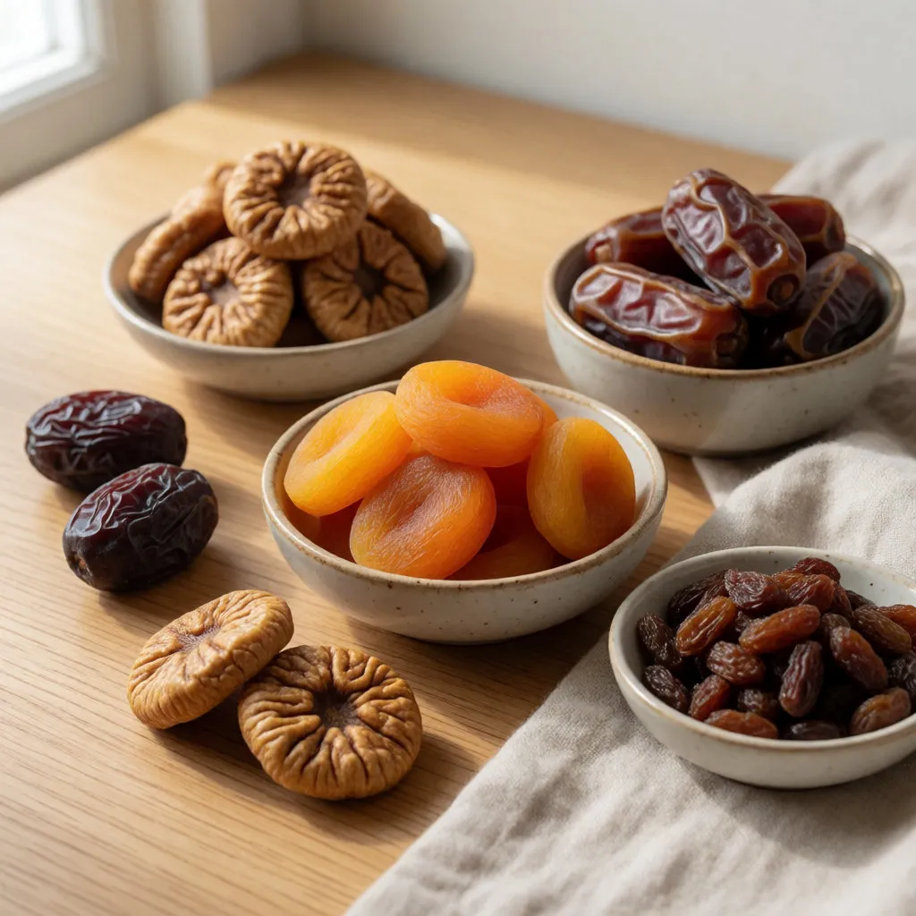 Figs, apricots, dates and raisins in small bowls on a light wooden table