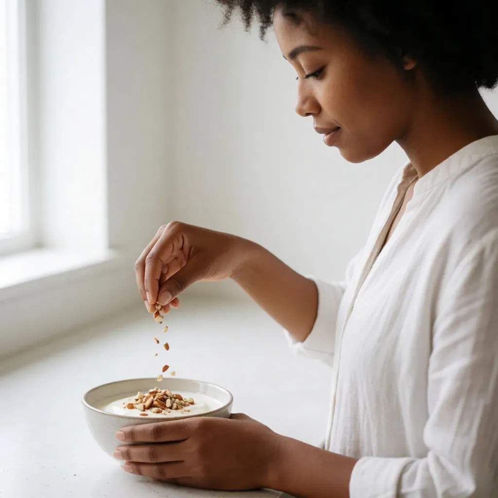 A young woman adding chopped almonds to a bowl of yoghurt in a bright kitchen