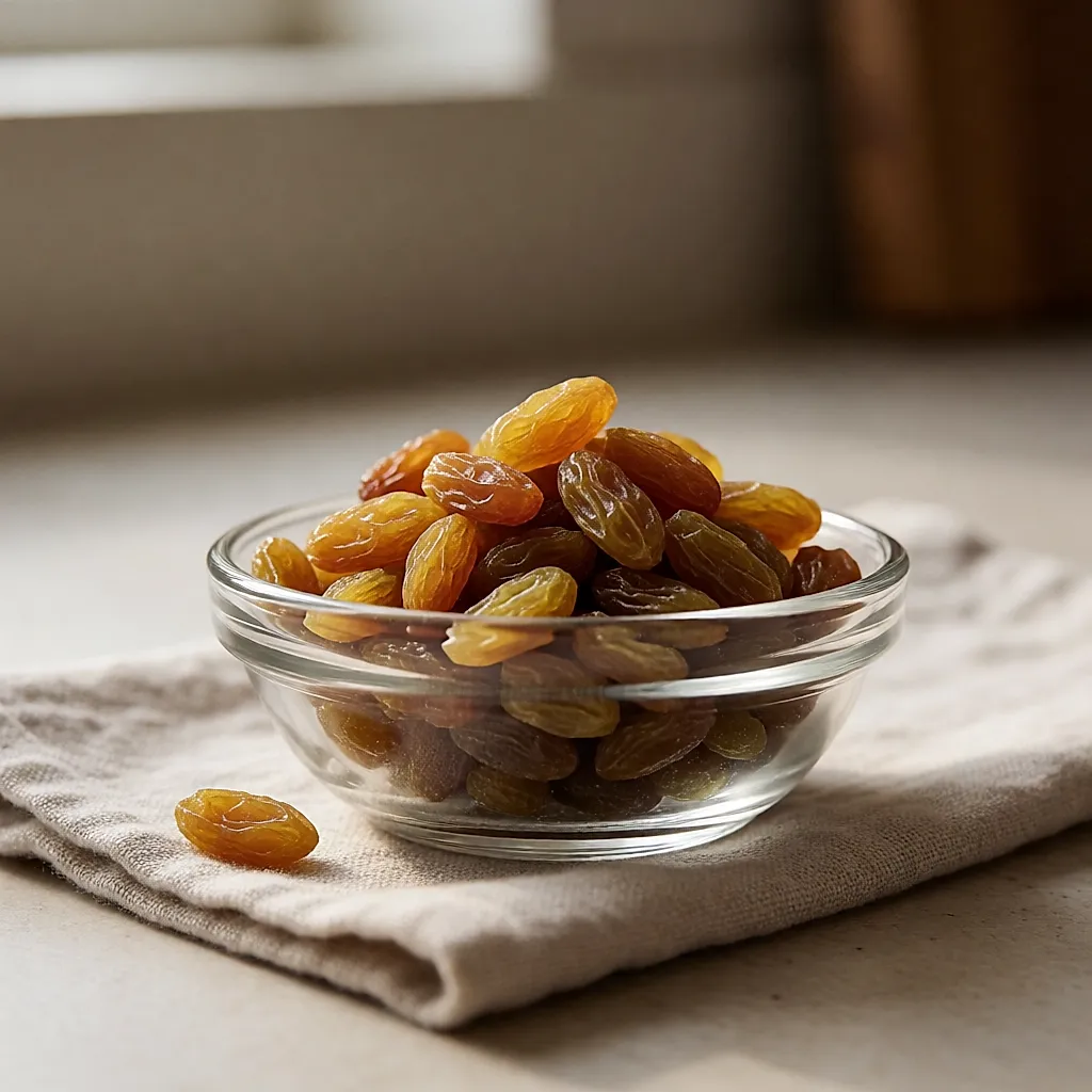Raisins secs dorés dans une petite coupelle en verre, lumière du jour