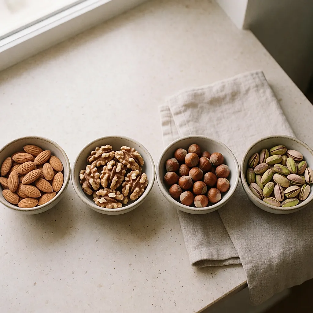 Quatre bols d'amandes, noix, noisettes et pistaches non salées