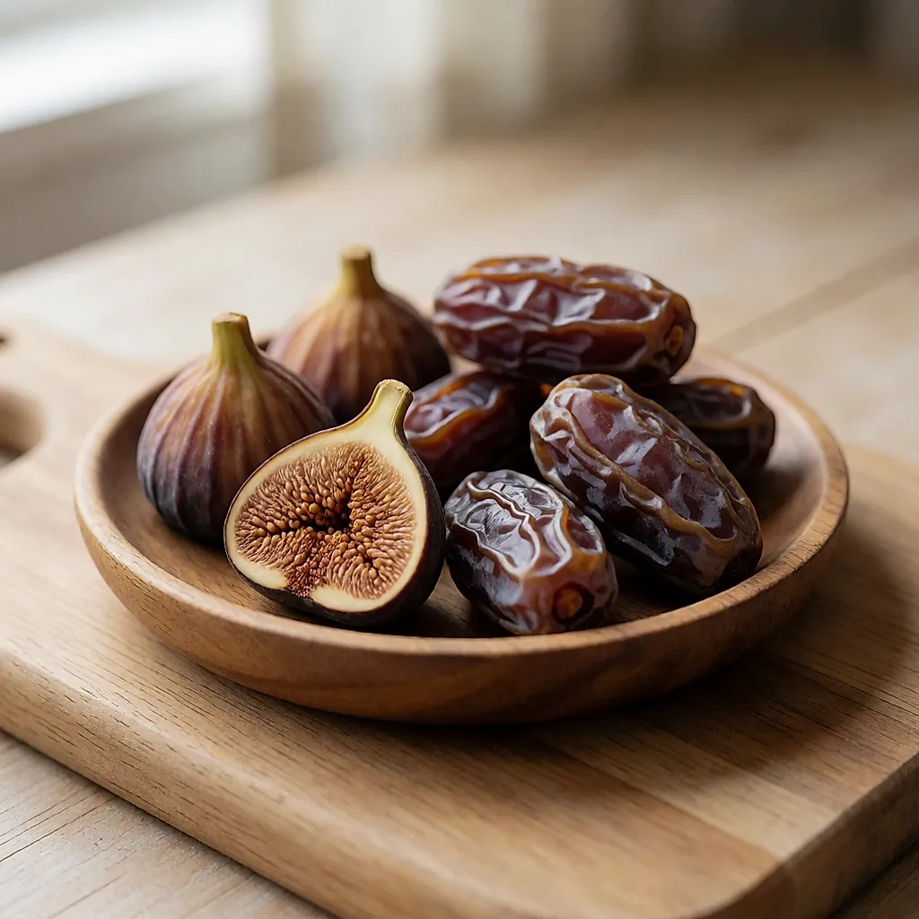 Figues et dattes séchées dans un bol en bois, une figue coupée en deux