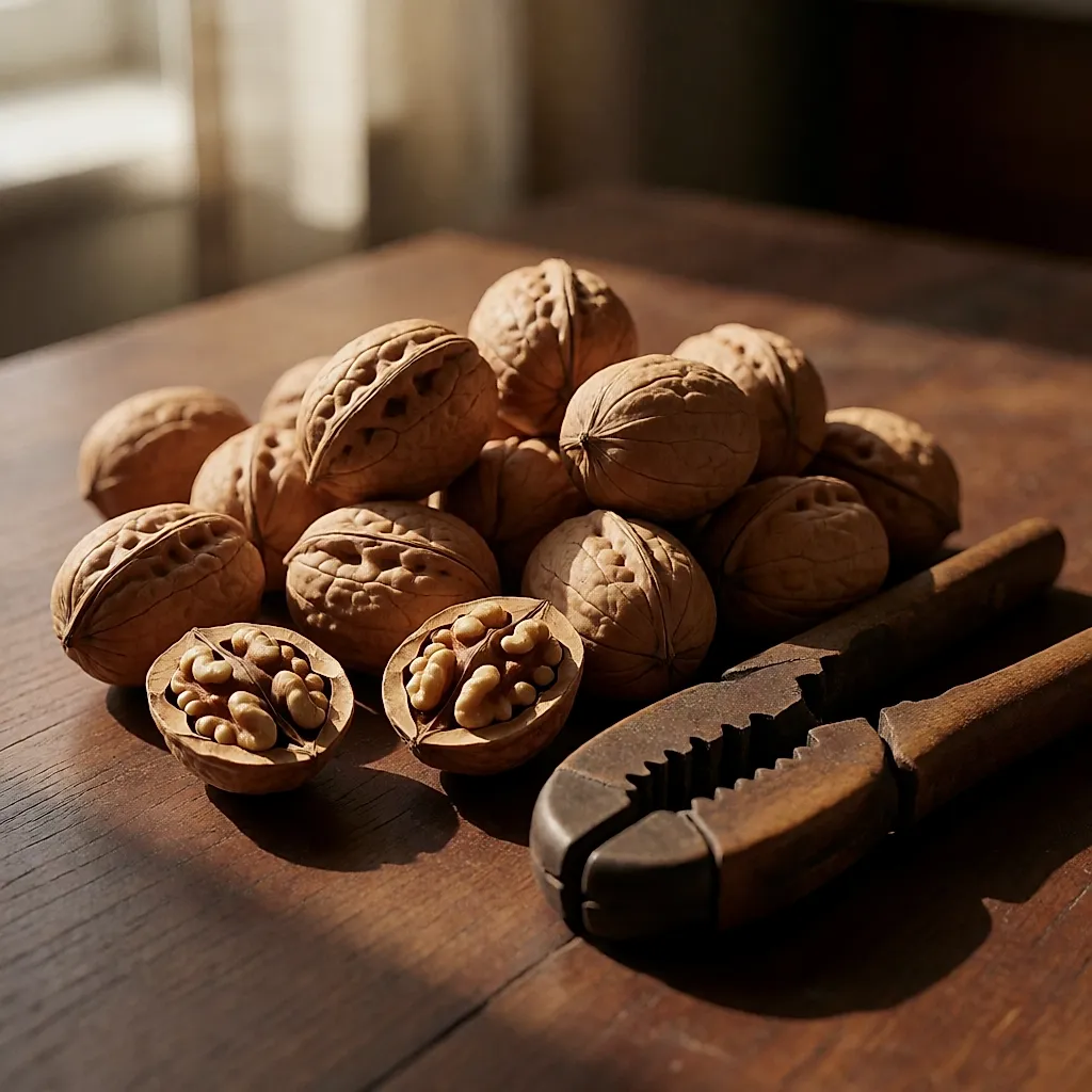 Noix entières, cerneaux et casse-noix en bois sur une table