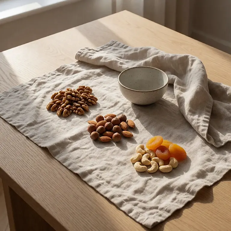An assortment of nuts and dried fruit arranged in bowls on a wooden table