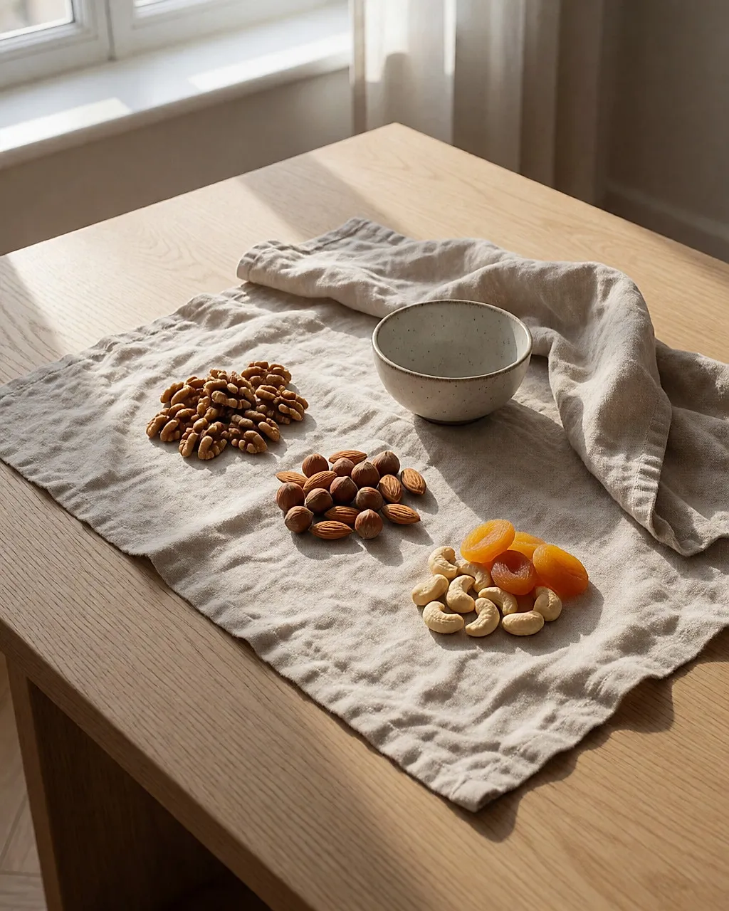 An assortment of nuts and dried fruit arranged in bowls on a wooden table