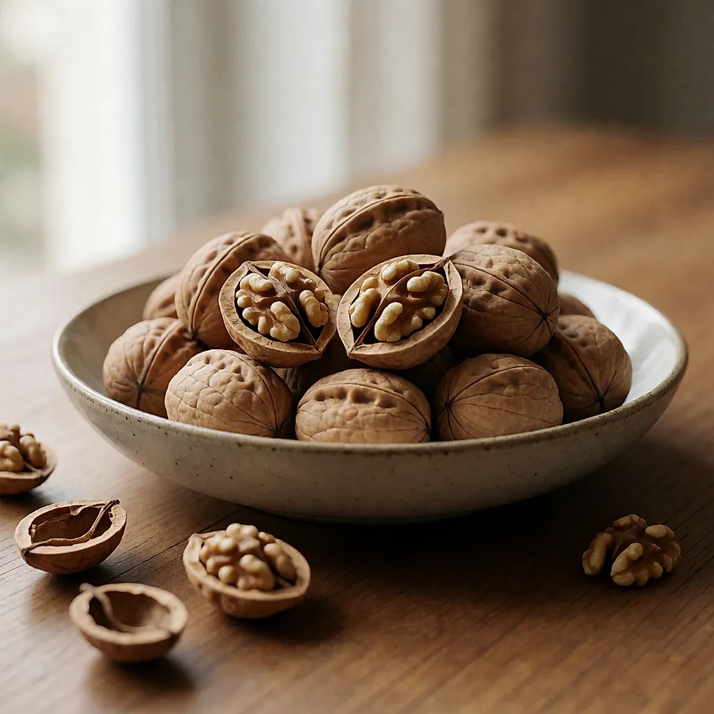 Whole walnuts and shelled walnut halves in a ceramic bowl on a wooden table