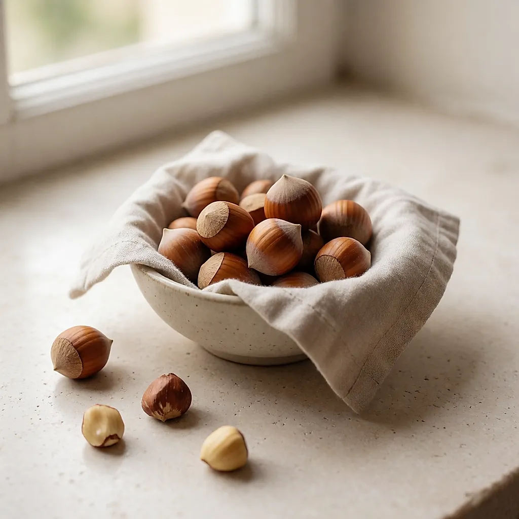 Whole and shelled hazelnuts in a bowl on pale linen