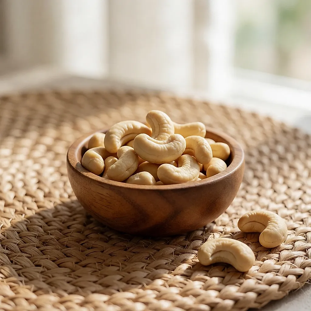 Raw cashews in a wooden bowl on a mat of natural fibres