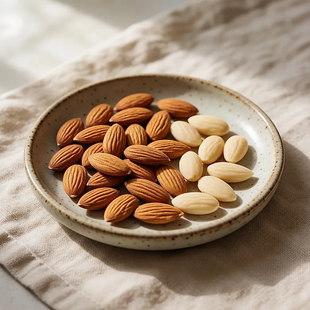 Whole and blanched almonds in a ceramic dish on beige linen