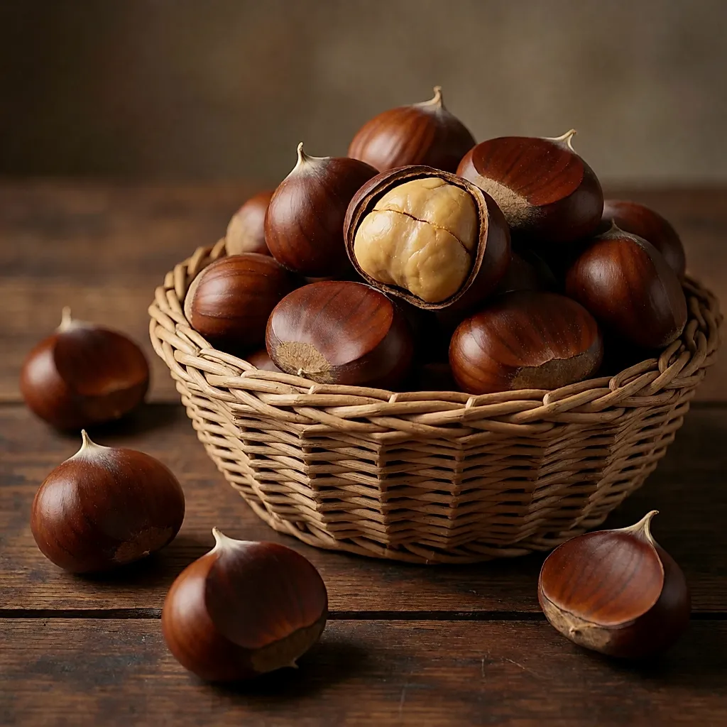 Glossy chestnuts in a basket, one split open to show the flesh