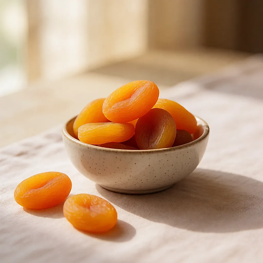 Orange dried apricots in a ceramic bowl on light linen