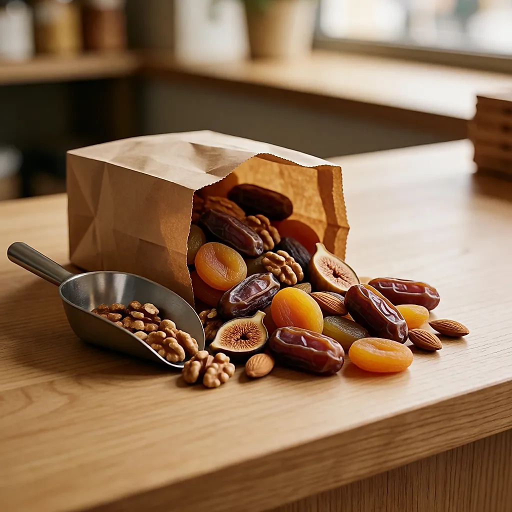An assortment of nuts and dried fruit tipped from a paper bag onto a counter