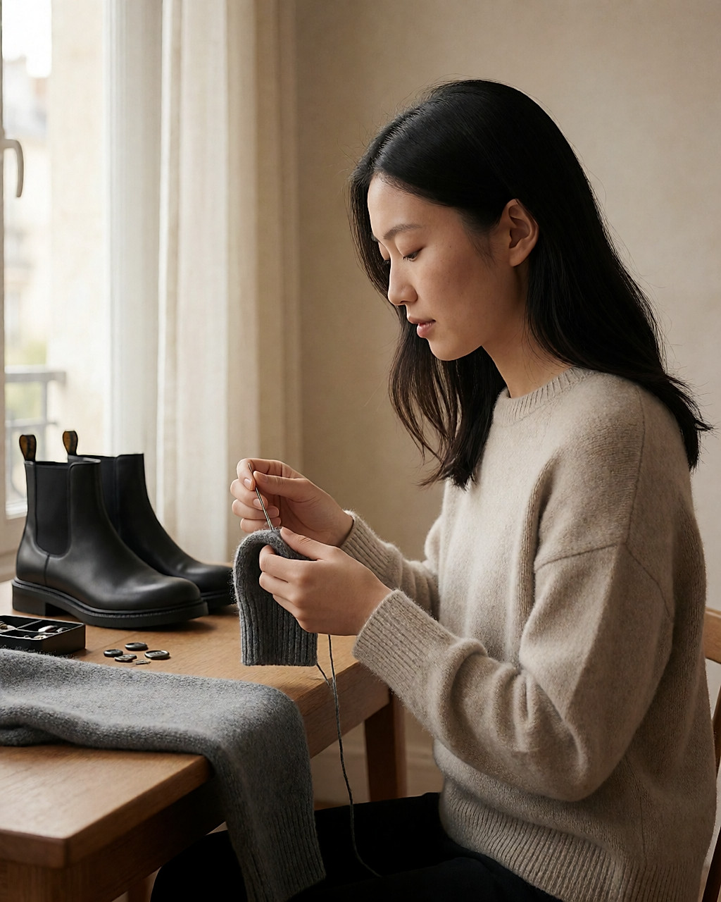 Young woman sewing the sleeve of a wool knit near a window, sewing kit on the table