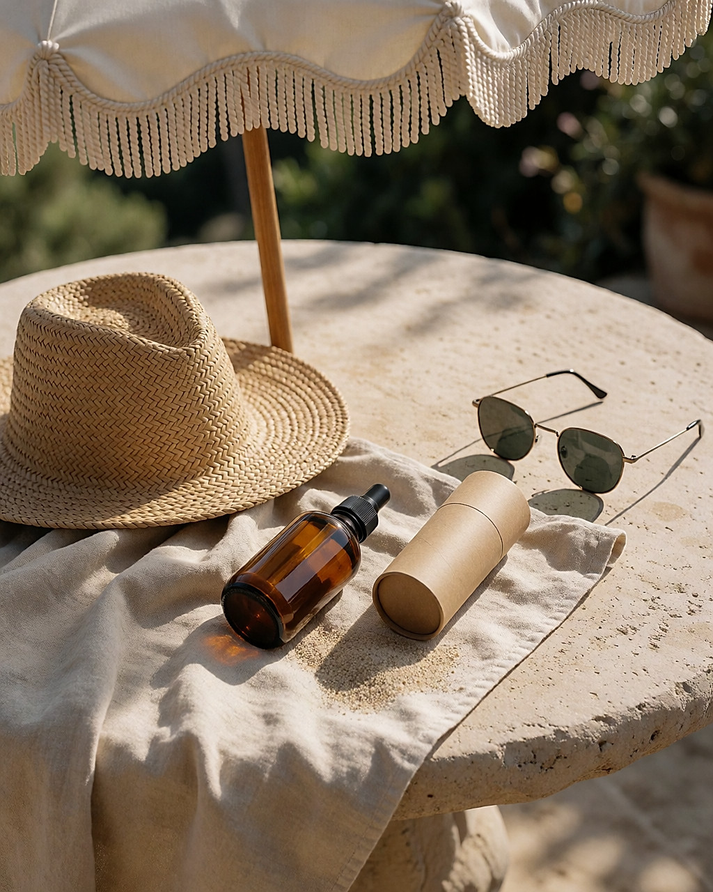 Flacon et tube de protection solaire naturelle posés sur une serviette en lin, à l'ombre d'un parasol