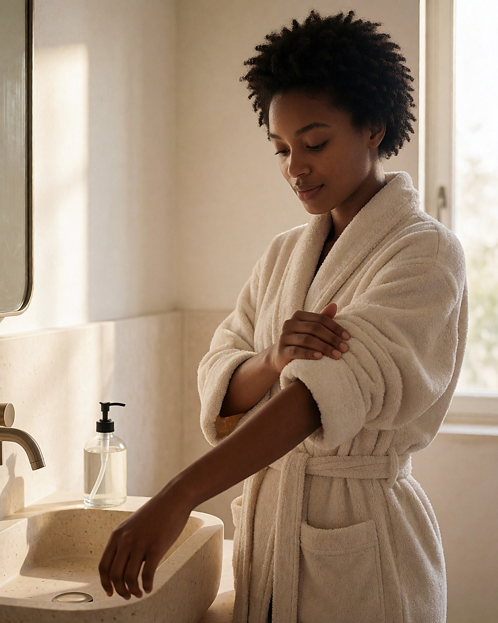Jeune femme noire en peignoir appliquant un gel-crème à l'aloe vera sur son bras après la douche