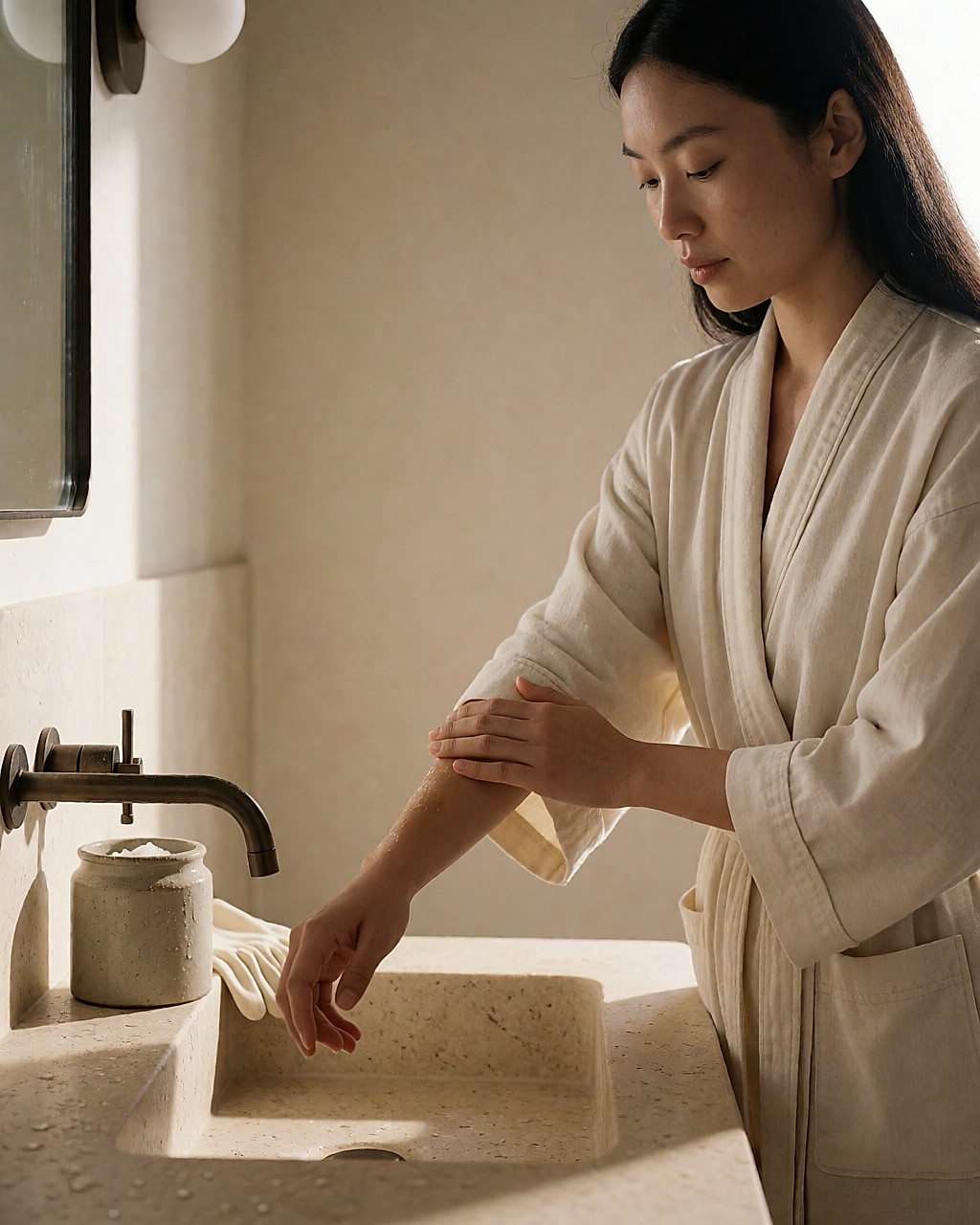 Gommage doux au sucre et au sel fin appliqué sur un avant-bras au-dessus d'un lavabo en pierre