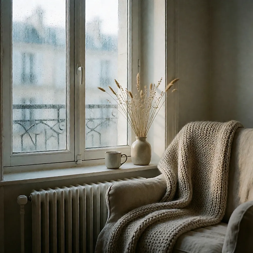 Das beschlagene Fenster einer Wohnung im Oktober, zwischen kalter Luft und anspringender Heizung