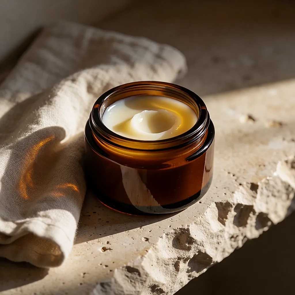 Waschbalsam im bernsteinfarbenen Glas, die elfenbeinfarbene Oberfläche von Fingerspuren durchzogen