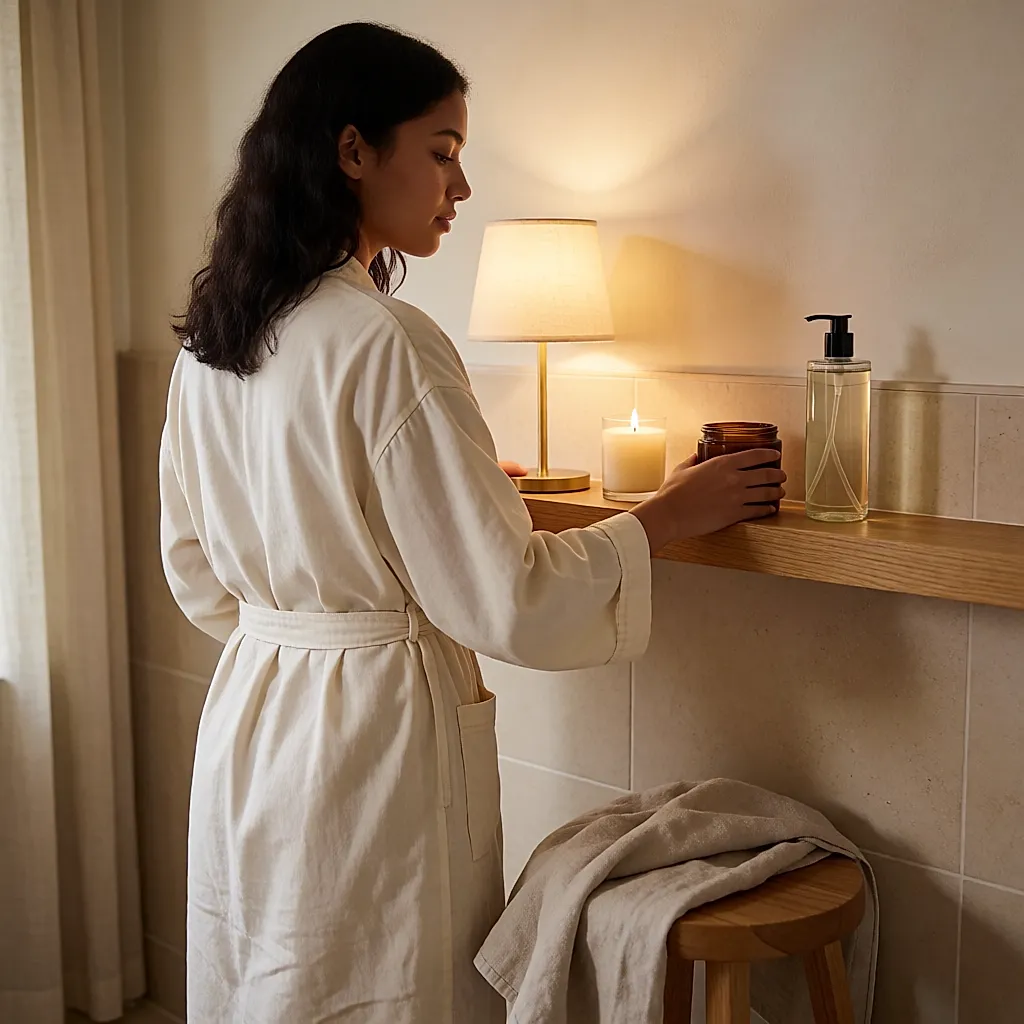 Eine Frau greift abends im Badezimmerregal zum Waschbalsam