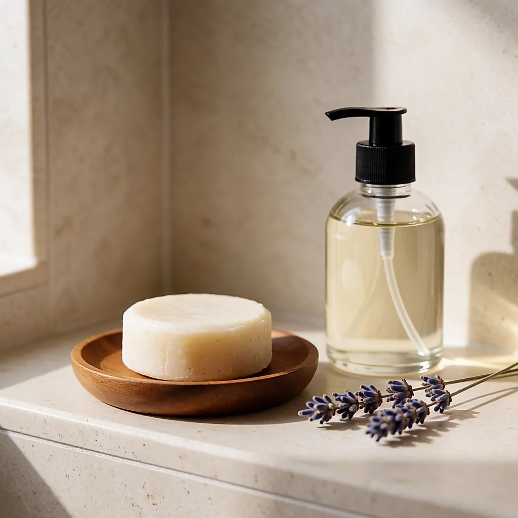 Champú sólido sobre una jabonera de madera y un frasco rellenable